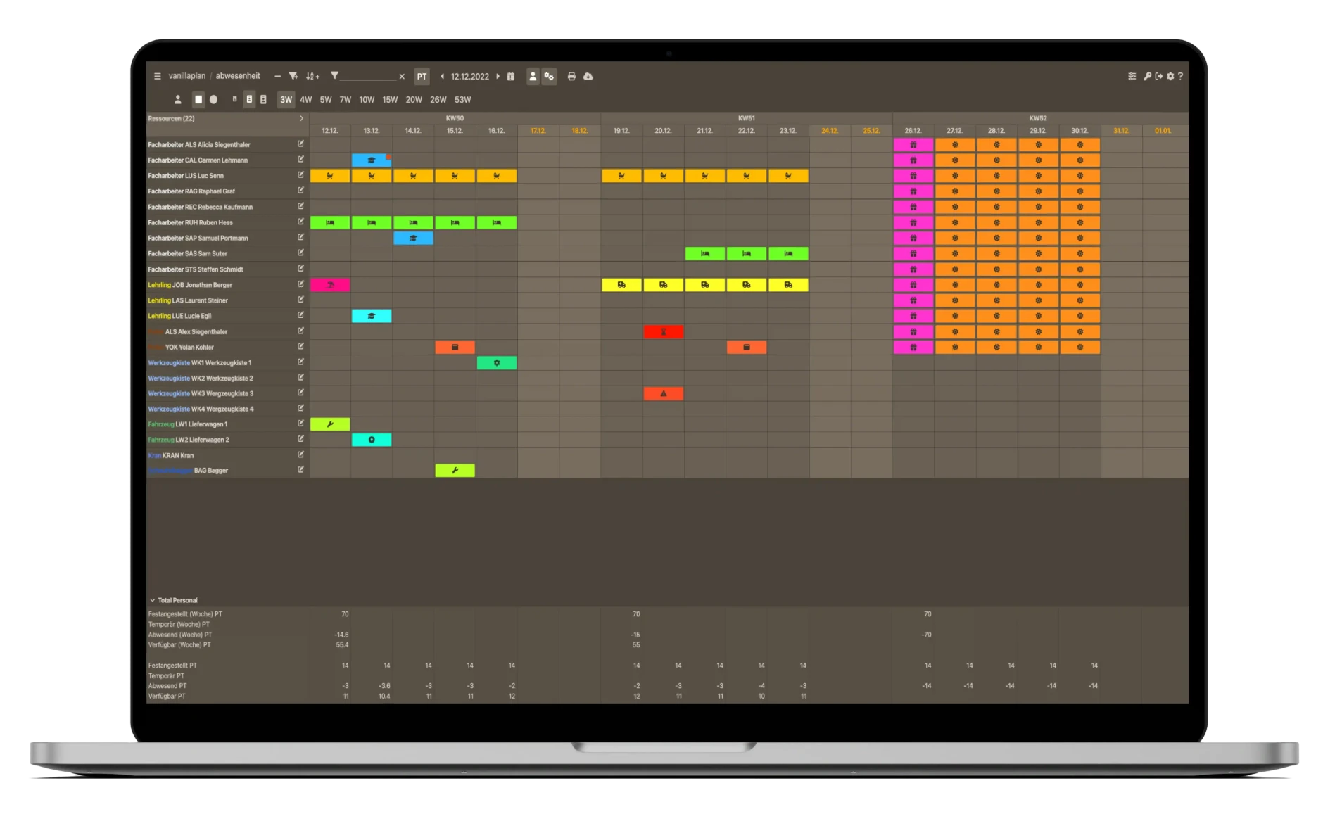Vanillaplan Abwesenheitsplan auf einem Notebook